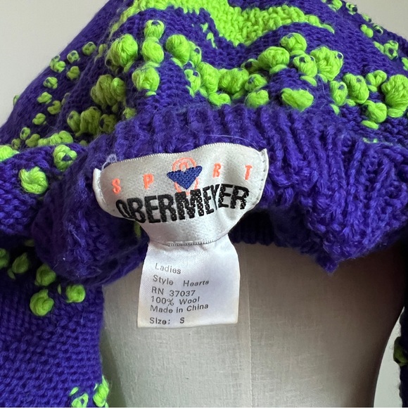 Vintage Obermeyer Sport Chunky Knit Wool Sweater in Purple and Green Size Small - Picture 5 of 8